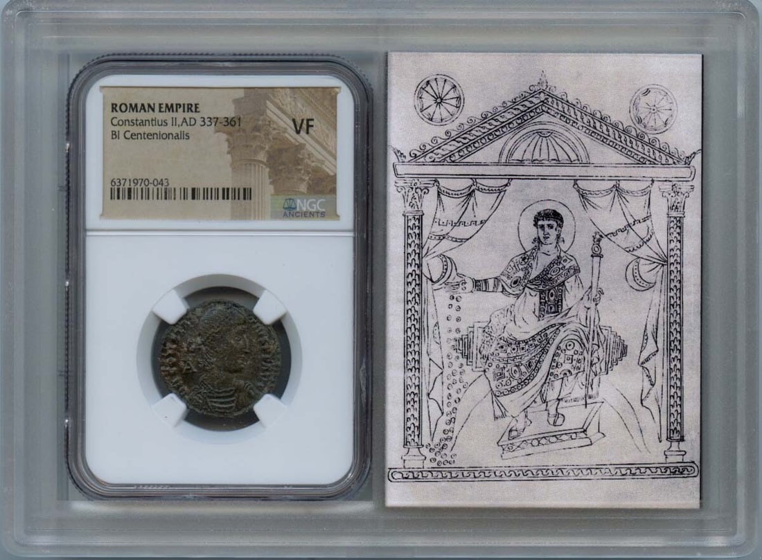Constantius II AD 337-361 Roman Centenionalis NGC VF20 Coin: Constantius II AD 337-361 Roman Centenionalis NGC VF20 Coin This ancient Roman coin features the reign of Constantius II, who ruled from AD 337 to 361. Certified by NGC with a grade of VF20, this Cent