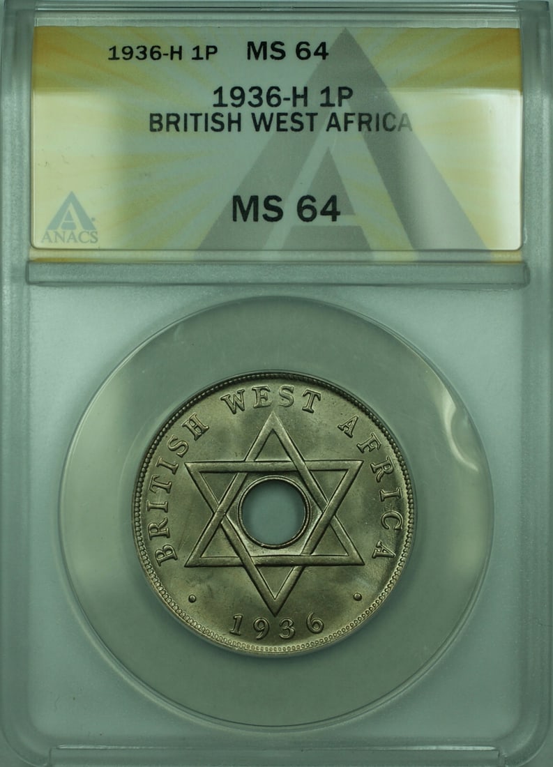 1936 British West Africa One Penny King Edward VIII ANACS MS-64: 1936 British West Africa One Penny King Edward VIII ANACS MS-64 This is a 1936-H British West Africa One Penny coin featuring King Edward VIII. Certified by ANACS and graded MS-64, this un-used coin i