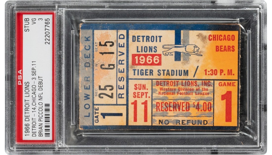 1966 Brian Piccolo NFL Debut Ticket Stub PSA 3 Lions vs Bears: 1966 Brian Piccolo NFL Debut Ticket Stub PSA 3 Lions vs Bears Commemorate a piece of NFL history with this 1966 Brian Piccolo NFL Debut ticket stub from the iconic matchup between the Detroit Lions an