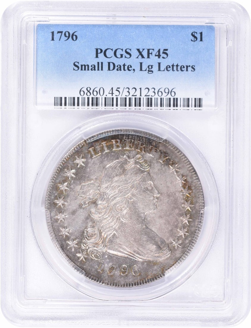 1796 Bust Silver Dollar Small Date Large Letters PCGS Certified: 1796 Bust Silver Dollar Small Date Large Letters PCGS Certified This 1796 Bust Silver Dollar features a small date and large letters, certified by PCGS with a grade of EF45. Minted in Philadelphia, th