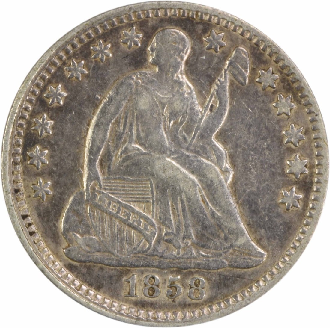 1858 Liberty Seated Half Dime Silver Coin Uncertified: 1858 Liberty Seated Half Dime Silver Coin Uncertified This 1858 Liberty Seated Silver Half Dime is a remarkable piece of history, featuring the classic seated liberty design by Christian Gobrecht. Thi