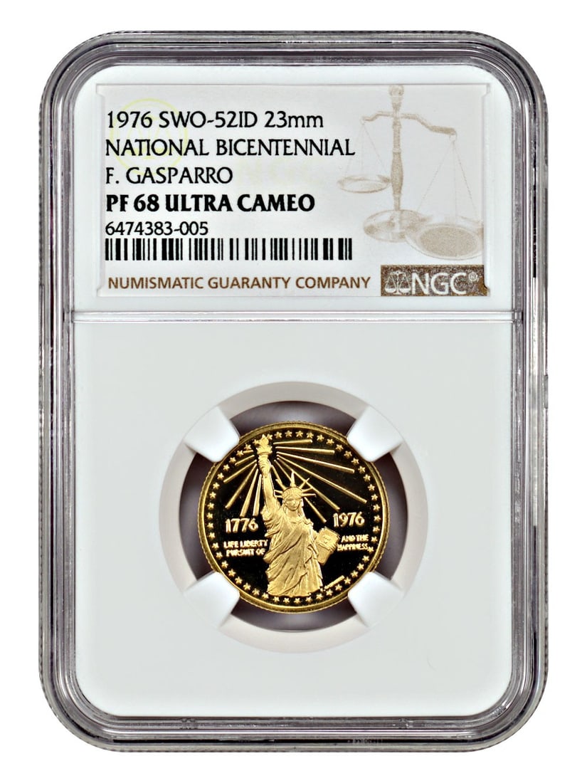 1/3oz Gold 1976 U.S. Mint Bicentennial Medal NGC PR68DCAM: 1/3oz Gold 1976 U.S. Mint Bicentennial Medal NGC PR68DCAM This 1976 Bicentennial medal is composed of one-third ounce of gold and was issued by the U.S. Mint. Certified by NGC with a PR68 Deep Cameo (