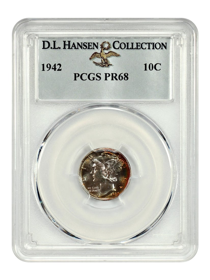 PCGS PR68 1942 Mercury Dime Proof with Exceptional Rainbow Toned Surfaces: PCGS PR68 1942 Mercury Dime Proof with Exceptional Rainbow Toned Surfaces This 1942 Mercury Dime is a proof coin graded PR68 by PCGS, originating from the D.L. Hansen collection. Struck in Philadelphi