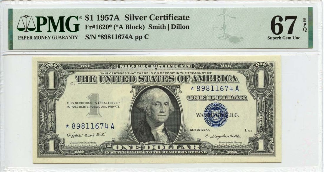1957A $1 Silver Certificate Fr# 1620* PMG Superb 67 EPQ (1 of 2)