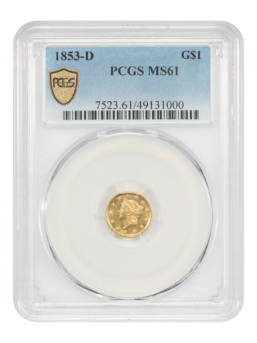 1853 Dahlonega Gold Dollar PCGS MS61 Certified Uncirculated Coin: 1853 Dahlonega Gold Dollar PCGS MS61 Certified Uncirculated Coin This 1853-D Gold Dollar is graded MS61 by PCGS and was struck at the Dahlonega Mint. With a limited mintage of only 6,583 coins, it fea