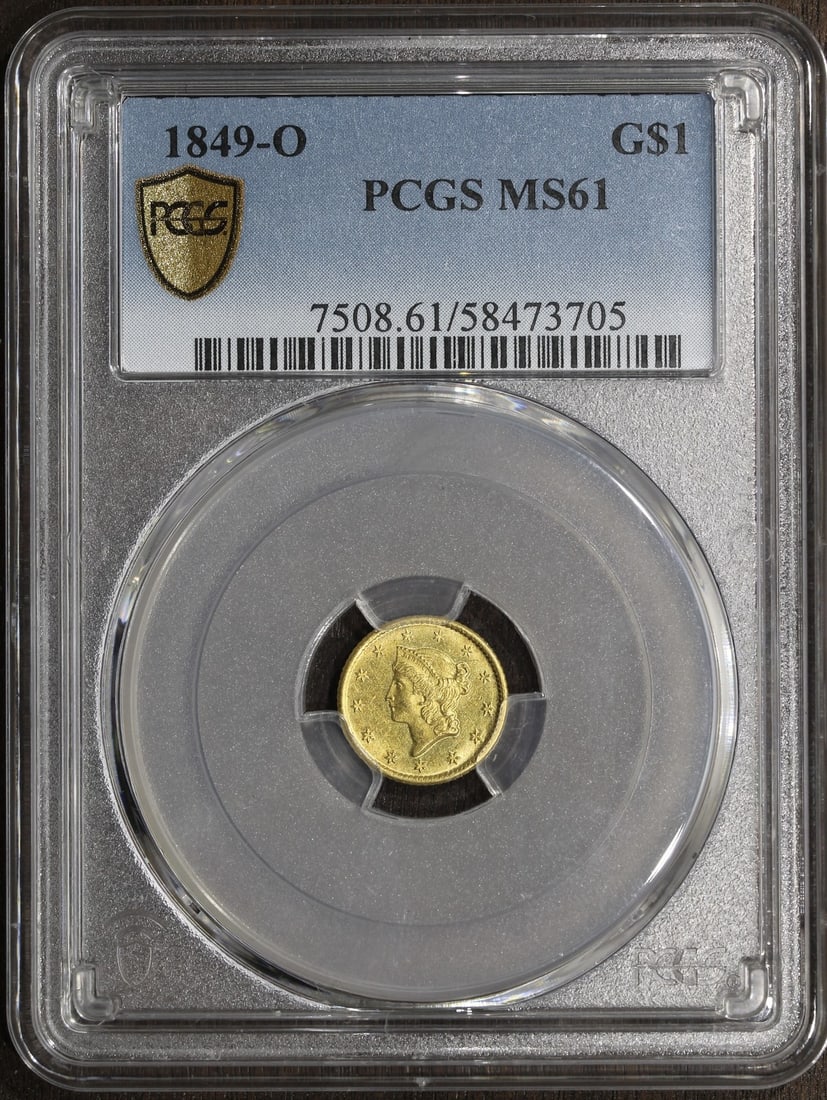 1849 New Orleans Gold Dollar MS61 PCGS Type 1 Liberty Head: 1849 New Orleans Gold Dollar MS61 PCGS Type 1 Liberty Head This 1849-O Type 1 Liberty Head Gold Dollar is certified MS61 by PCGS and was minted at the New Orleans Mint. Struck in gold with a fineness