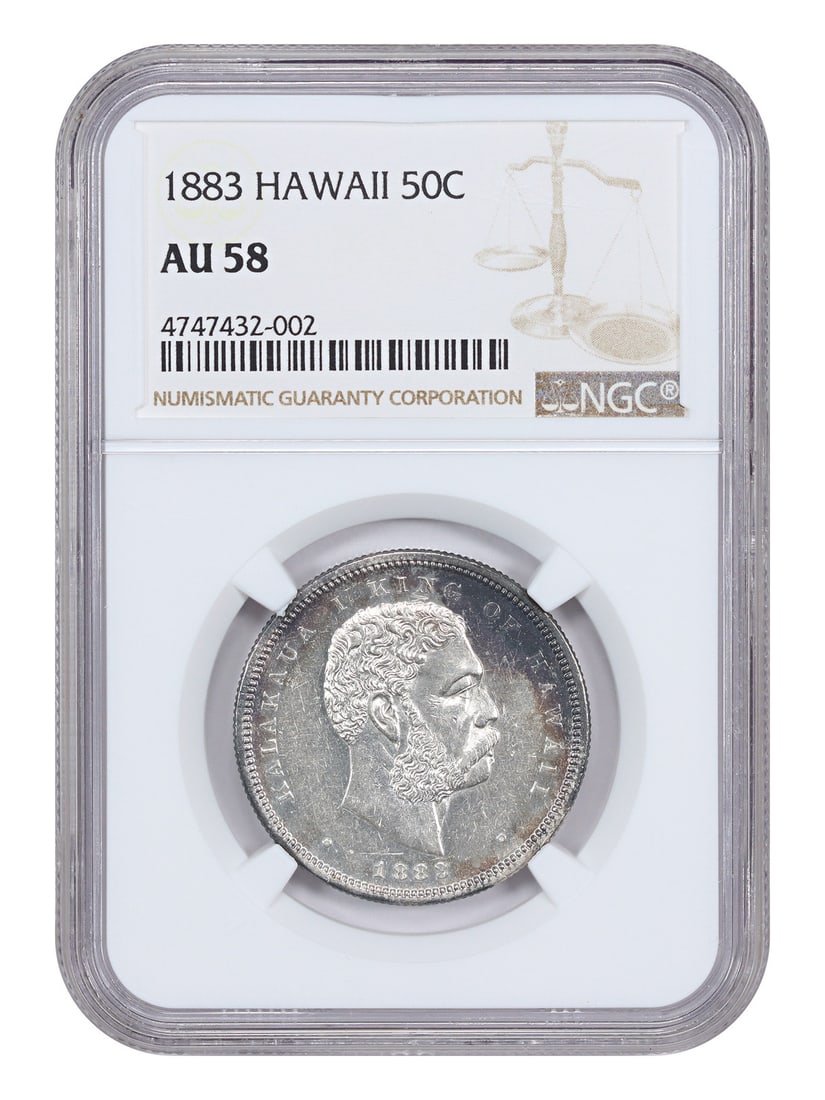 1883 Hawaii 50 Cent Coin NGC AU58 Scarce Territorial Issue: 1883 Hawaii 50 Cent Coin NGC AU58 Scarce Territorial Issue This 1883 Hawaii 50 cent coin is graded AU58 by NGC. Minted in Philadelphia, it is part of the Hawaii territorial series. Despite a mintage o