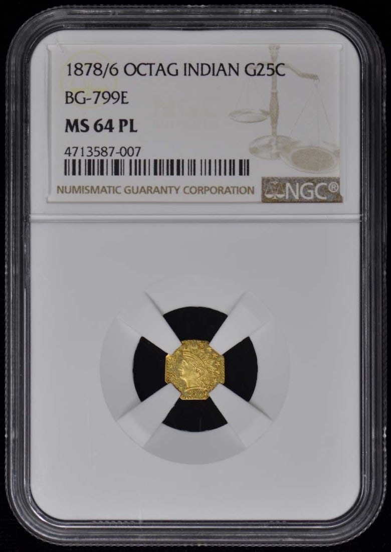 1878 Octagonal Indian California Fractional Gold BG-799E NGC MS64PL: 1878 Octagonal Indian California Fractional Gold BG-799E NGC MS64PL This is a remarkable 1878 California Fractional Gold Octagonal Coin, designated BG-799E and graded MS64PL by NGC. This uncirculated
