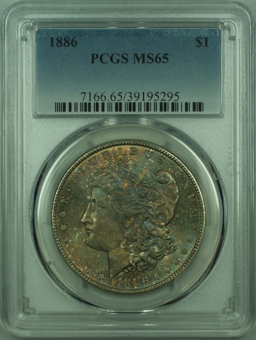 PCGS MS-65 1886 Morgan Silver Dollar Gem Toned Uncirculated $1 Coin: PCGS MS-65 1886 Morgan Silver Dollar Gem Toned Uncirculated $1 Coin This is an 1886 Morgan Silver Dollar $1 coin from the United States, featuring a beautifully toned obverse. Certified by PCGS with a