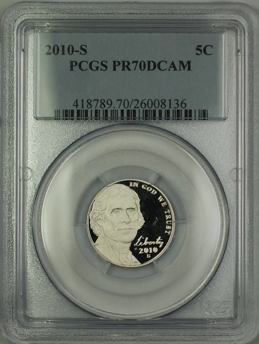 PCGS PR70 2010-S Jefferson Nickel Proof Deep Cameo 5C San Francisco Mint: PCGS PR70 2010-S Jefferson Nickel Proof Deep Cameo 5C San Francisco Mint This 2010-S Proof Jefferson Nickel features a denomination of 5 cents and was minted in San Francisco. The coin is certified by
