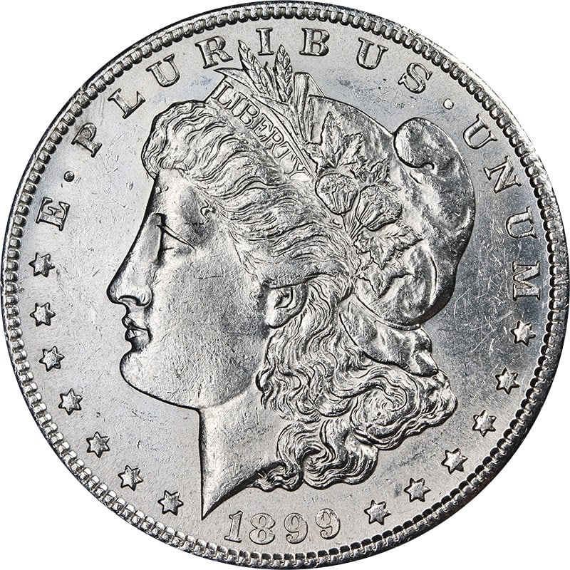 Uncirculated 1899-S Silver Morgan Dollar with Brilliant Luster and Strong Strike: Uncirculated 1899-S Silver Morgan Dollar with Brilliant Luster and Strong Strike This 1899-S Morgan Silver Dollar is an uncirculated coin featuring attractive luster and a strong strike. It displays b