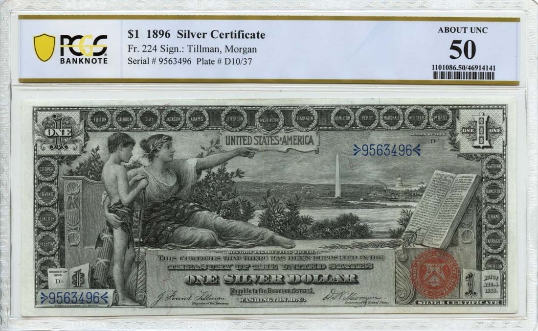 FR#224 1896 $1 Silver Certificate PCGS AU50 Graded Banknote (1 of 2)