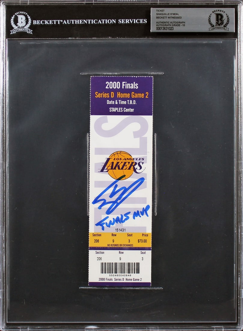 Shaquille O'Neal Signed 2000 Finals Game 2 Ticket Stub Auto 10 Beckett Authenticated: Shaquille O'Neal Signed 2000 Finals Game 2 Ticket Stub Auto 10 Beckett Authenticated This exceptional collectible features a ticket stub from Game 2 of the 2000 NBA Finals, personally signed by Shaqui