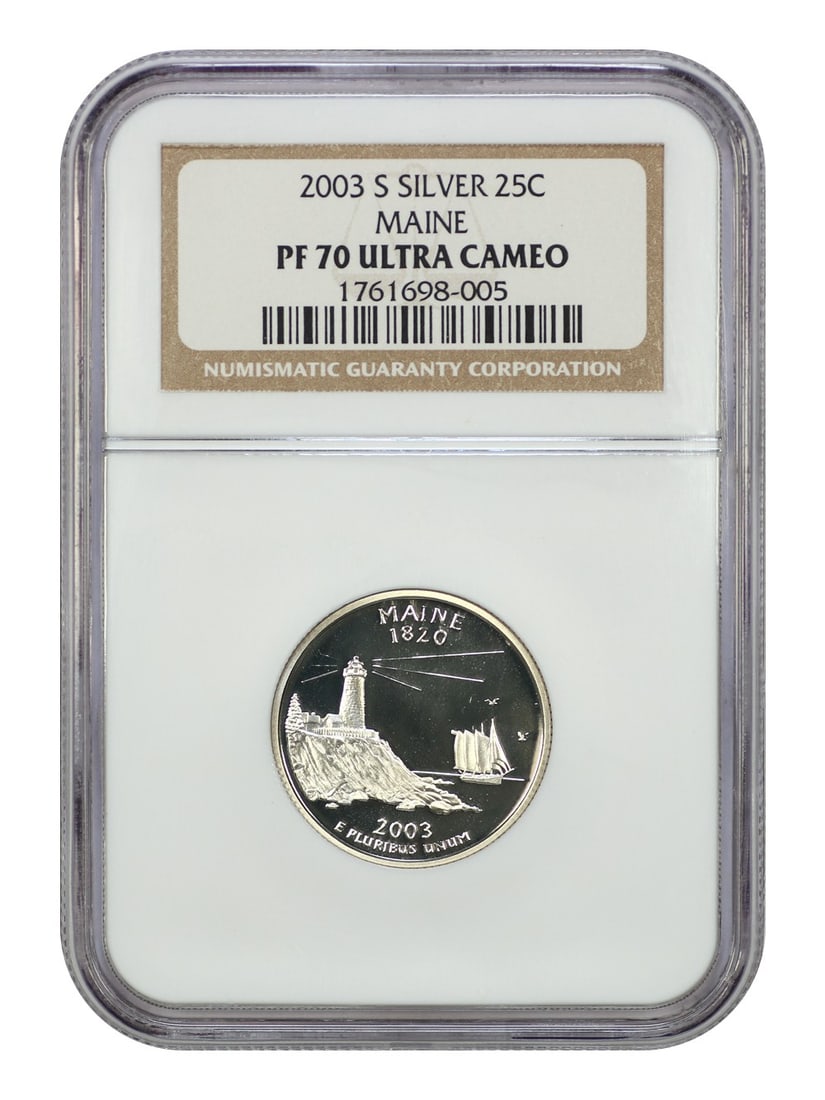 2003-S Maine 25C NGC PR70DCAM Silver Washington Quarter: 2003-S Maine 25C NGC PR70DCAM Silver Washington Quarter This 2003-S 25C Maine quarter is a remarkable addition for any numismatic collection. Certified by NGC with a perfect grade of PR70DCAM, this co