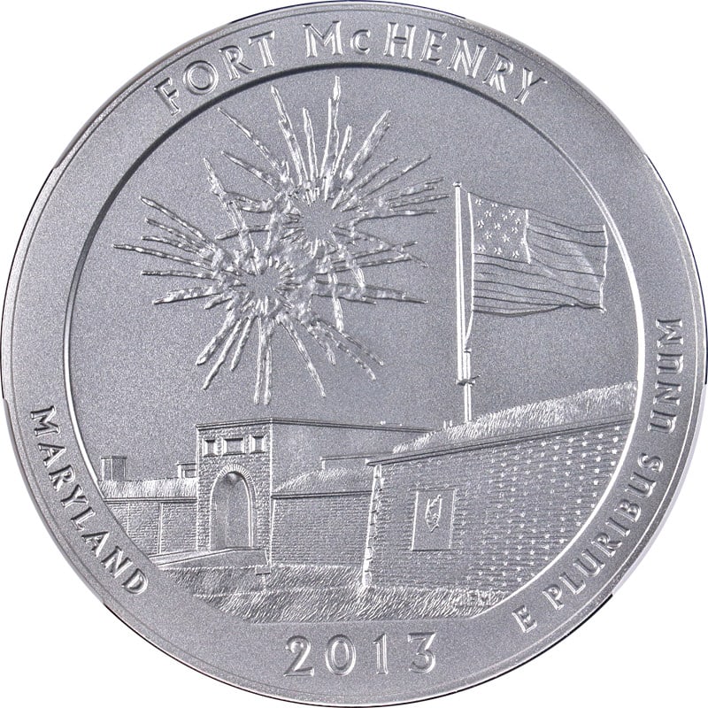2013-P 5 oz Silver Fort McHenry ATB NGC SP70 Early Release: 2013-P 5 oz Silver Fort McHenry ATB NGC SP70 Early Release This 2013-P Fort McHenry National Park America the Beautiful (ATB) coin is struck in 5 ounces of .999 fine silver. It is certified by NGC wit