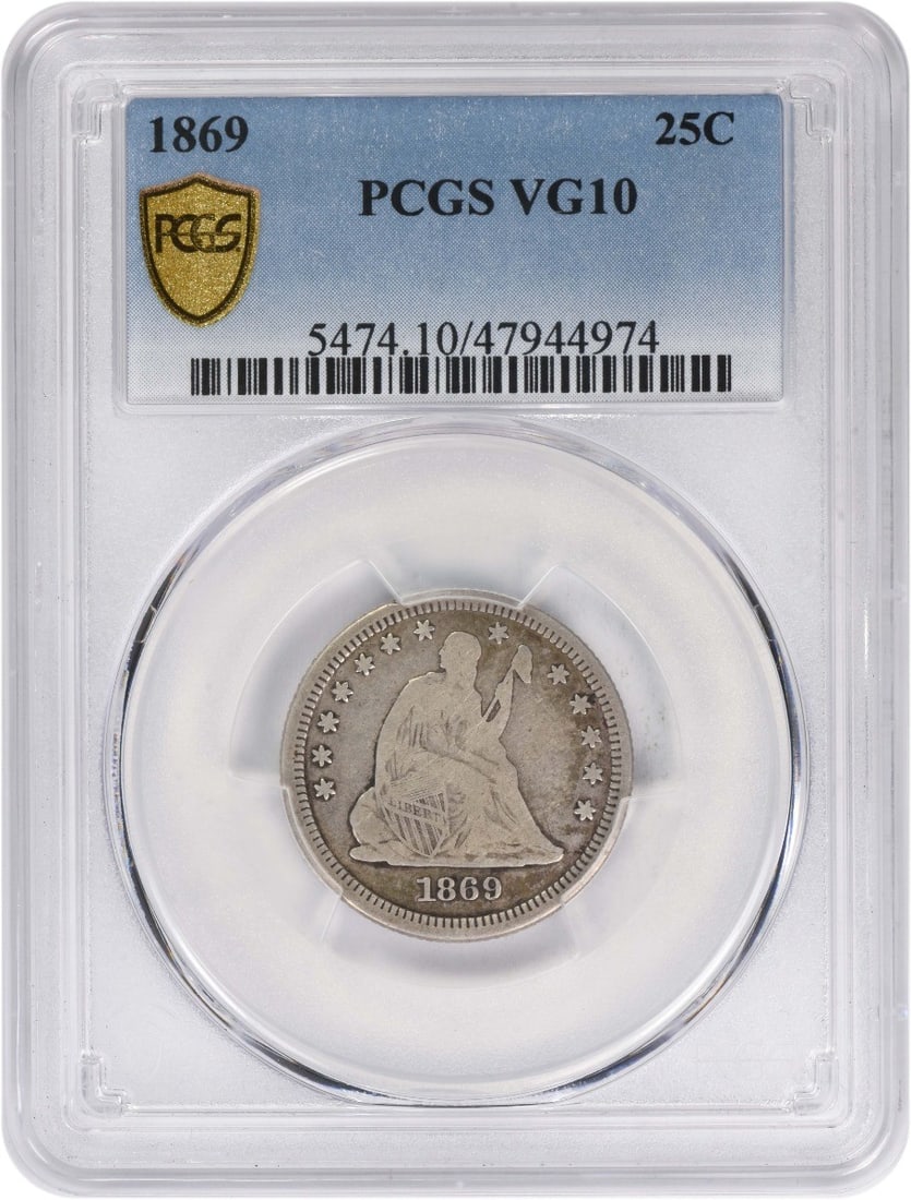 PCGS Graded VG10 1869 Seated Liberty Silver Quarter Philadelphia Mint: PCGS Graded VG10 1869 Seated Liberty Silver Quarter Philadelphia Mint This 1869 Liberty Seated Silver Quarter is graded VG10 by PCGS and was minted in Philadelphia. The coin features the classic Seate
