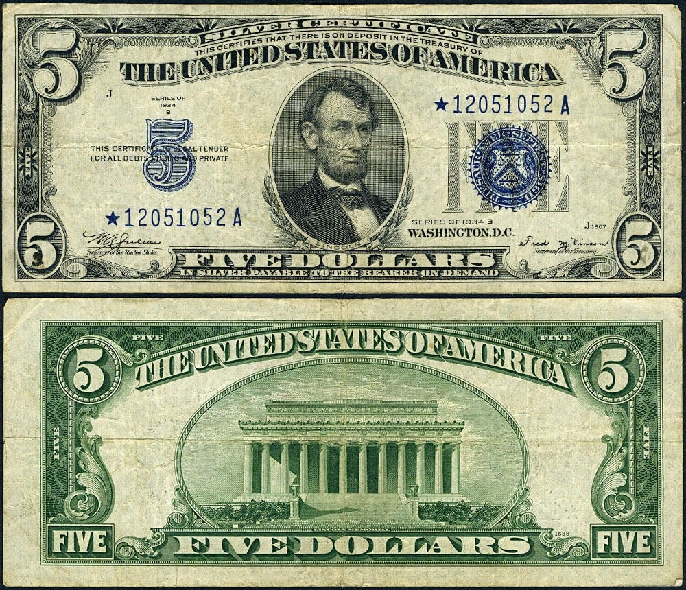 1934-B $5 Silver Certificate Star Note FR. 1652* VF A Block (1 of 3)