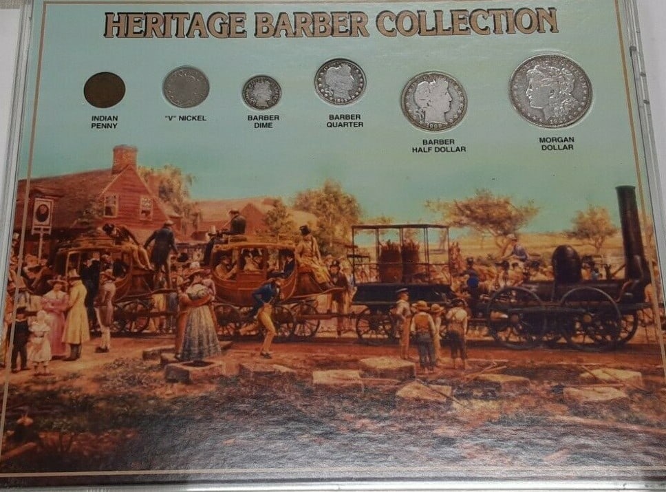 Six Coin Barber Type US Set 1895-1921 in Acrylic Display: Six Coin Barber Type US Set 1895-1921 in Acrylic Display This Heritage 'Barber' Type Collection features six United States coins dated between 1895 and 1921, housed in an acrylic holder with informati