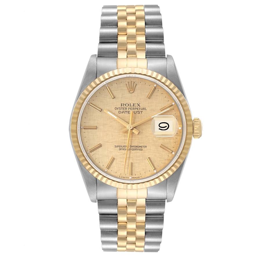 Datejust Champagne Linen Stick Dial Watch Ref 16233 with D Link Jubilee: Datejust Champagne Linen Stick Dial Watch Ref 16233 with D Link Jubilee This men's Rolex Datejust features a champagne linen stick dial paired with a fluted bezel. The watch is fitted with a D-Link Ju