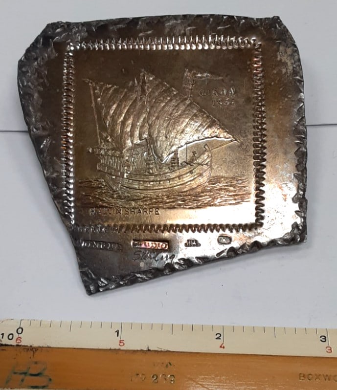 Studio Trial Silver Medal Medieval Ship by H Alvin Sharpe 2.69 Troy Oz: Studio Trial Silver Medal Medieval Ship by H Alvin Sharpe 2.69 Troy Oz Vintage 1960s H. Alvin Sharpe studio trial plate featuring a detailed design of a medieval sailing ship. This piece is struck in