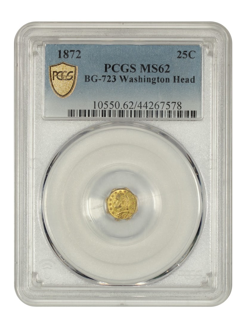 1872 California Fractional Gold 25C Washington Head PCGS MS62 BG-723: 1872 California Fractional Gold 25C Washington Head PCGS MS62 BG-723 This 1872 California Fractional Gold 25 cent coin features the Washington Head design and is graded MS62 by PCGS. Struck in Philade