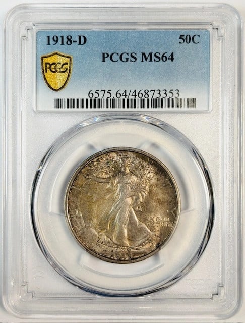 PCGS MS64 1918 Denver Mint Silver Walking Liberty Half Dollar Coin: PCGS MS64 1918 Denver Mint Silver Walking Liberty Half Dollar Coin This 1918 D Walking Liberty Half Dollar is graded MS-64 by PCGS and is composed of silver. Originating from the Denver Mint, it remai