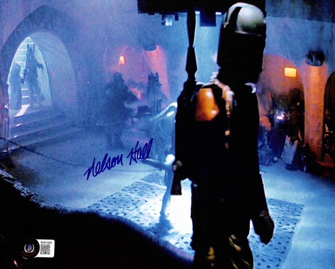 Nelson Hall Signed Boba Fett Star Wars 8x10 Photo Beckett Authenticated: Nelson Hall Signed Boba Fett Star Wars 8x10 Photo Beckett Authenticated This is an authentic signed 8x10 photograph of Boba Fett from Star Wars, featuring Nelson Hall's signature in blue permanent mar