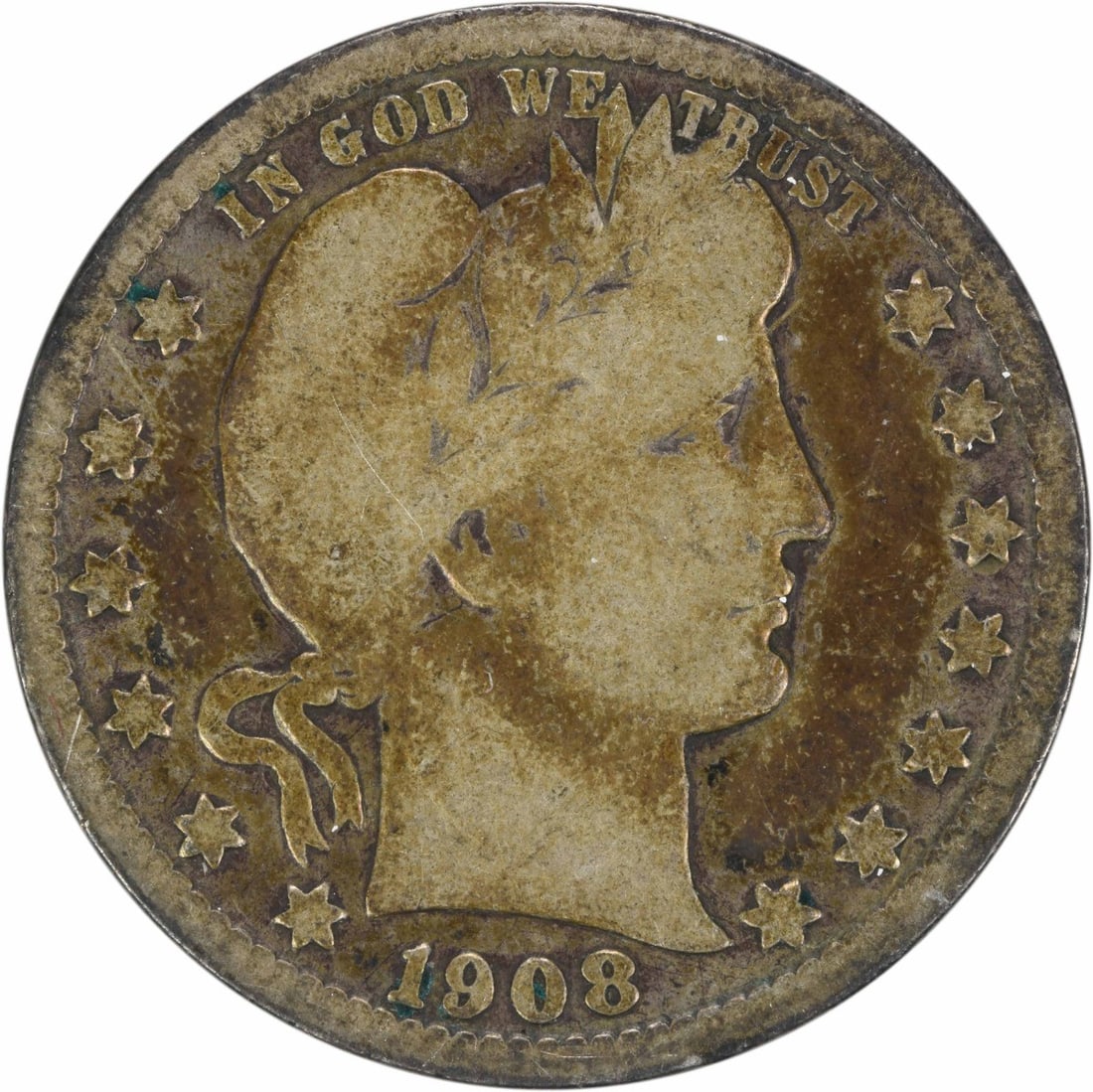 1908-S Barber Silver Quarter 25C VG Uncertified Coin: 1908-S Barber Silver Quarter 25C VG Uncertified Coin This 1908-S Barber Silver Quarter is a collectible piece of American history, featuring the iconic design by Charles E. Barber. Minted in San Franc