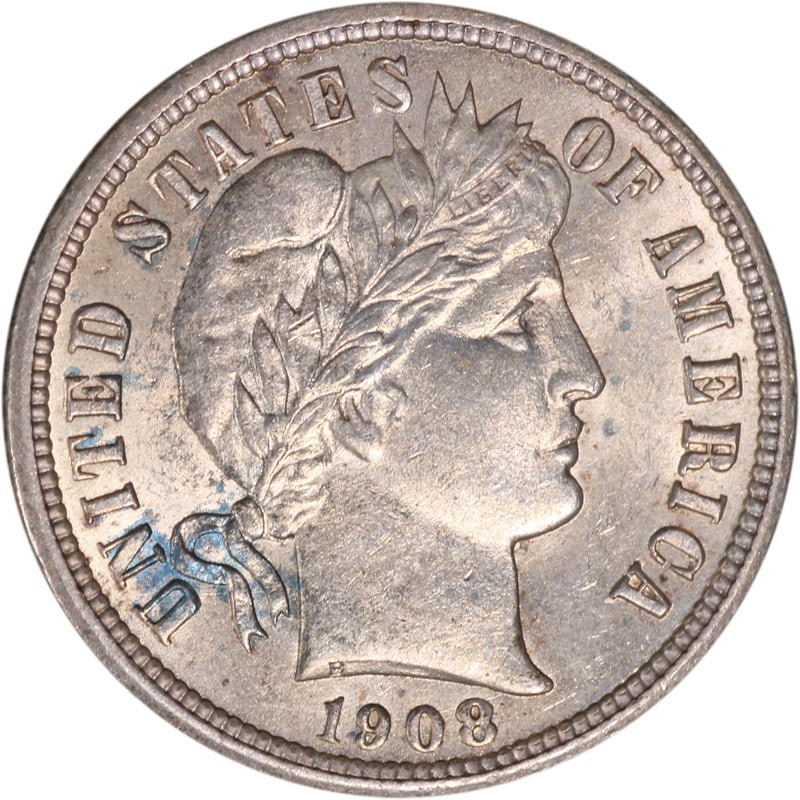 1908 Philadelphia Silver Barber Dime Circulated US Coin: 1908 Philadelphia Silver Barber Dime Circulated US Coin This is a 1908-P Barber Dime from the Philadelphia Mint. The coin is composed of silver and is in circulated, pre-owned condition. It is uncerti