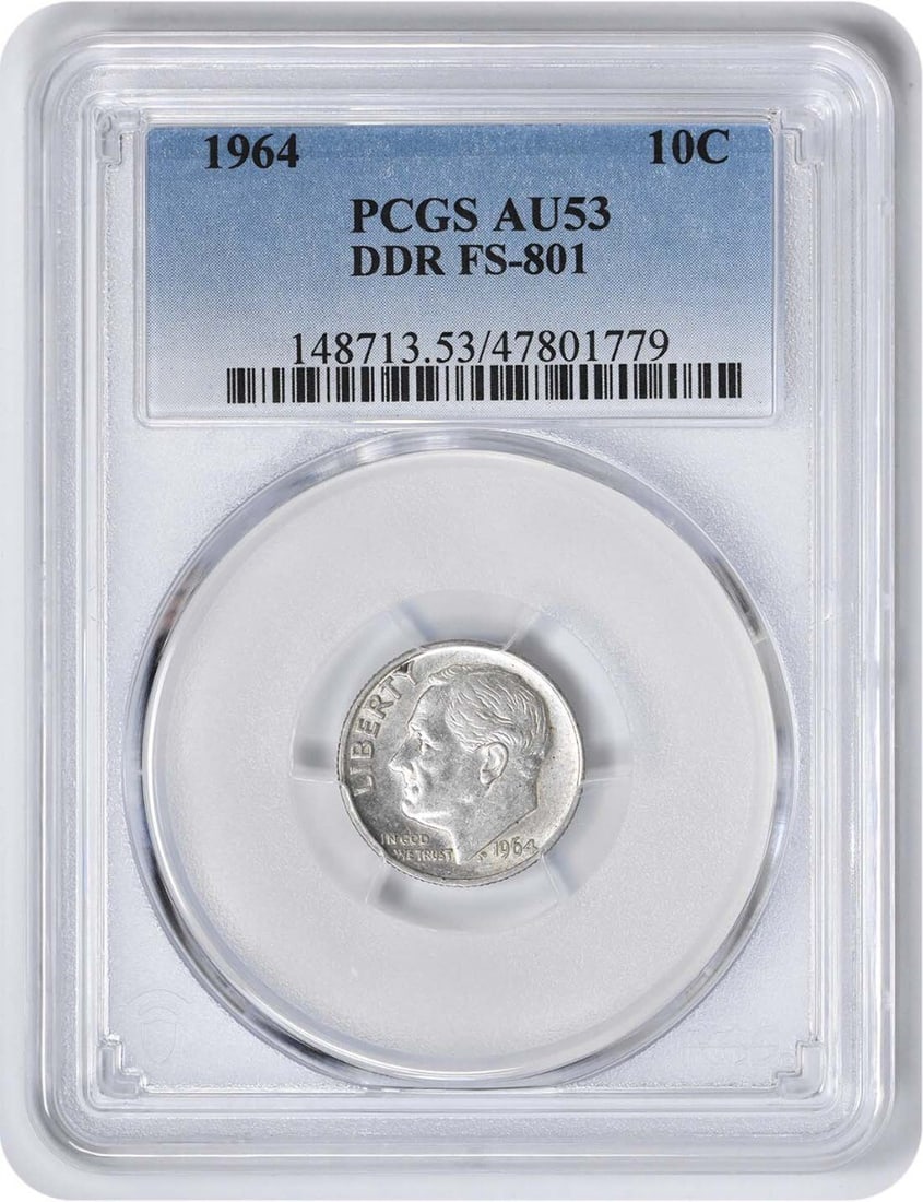 1964 Roosevelt Dime AU53 PCGS 90% Silver John R Sinnock: 1964 Roosevelt Dime AU53 PCGS 90% Silver John R Sinnock This 1964 Roosevelt Dime is a remarkable piece of numismatic history, certified by PCGS with an AU53 grade. Struck in Philadelphia, this coin fe