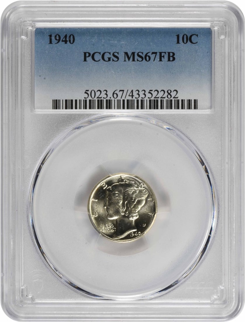 PCGS MS67FB 1940 Mercury Dime 90% Silver Philadelphia Mint: PCGS MS67FB 1940 Mercury Dime 90% Silver Philadelphia Mint This 1940 Mercury Dime from the United States, minted in Philadelphia, is graded MS67FB by PCGS. Composed of 90% silver and 10% copper, the c
