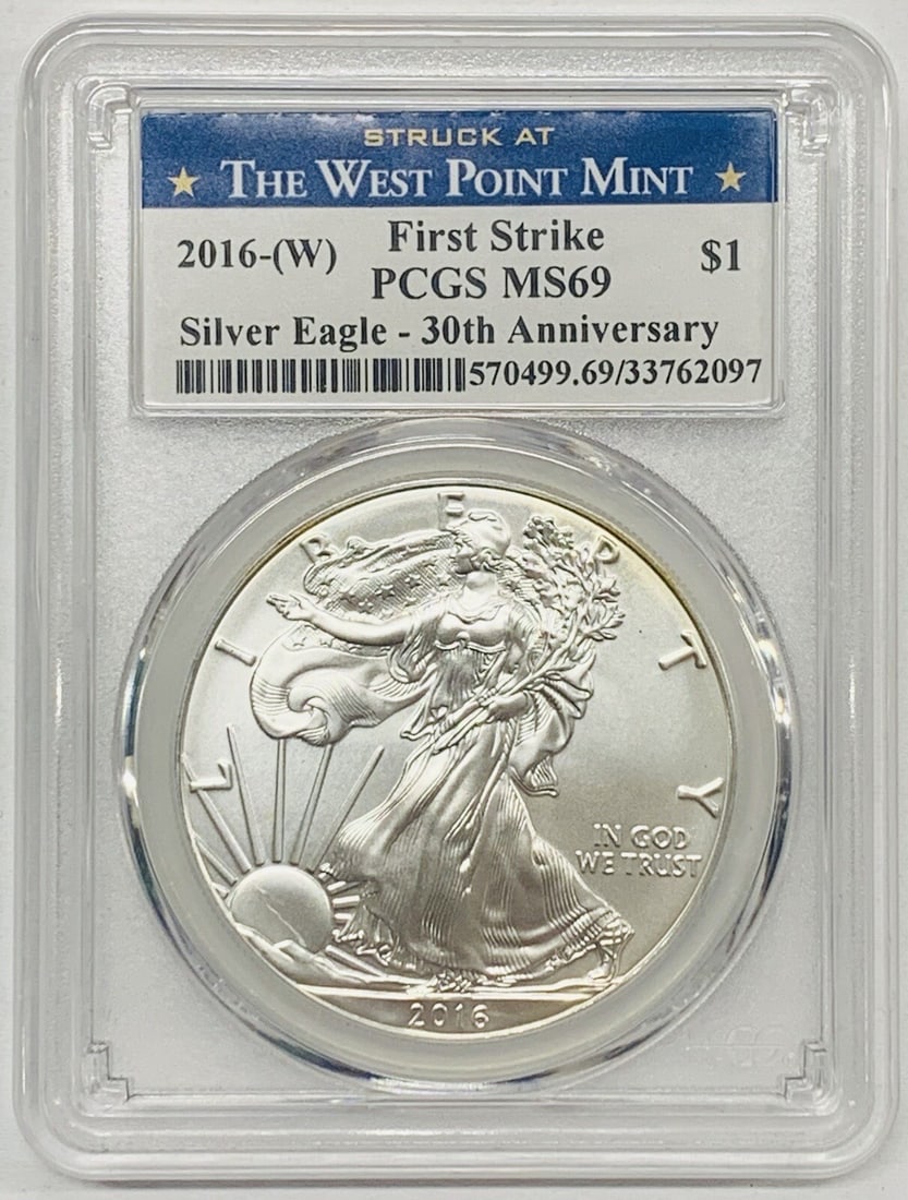 Pair of 2016-W Silver Eagles PCGS MS69 West Point Label $1 Coins (1 of 2)
