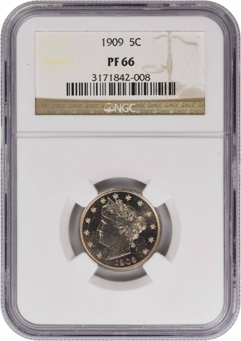 1909 Proof Liberty Nickel PR66 Certified by NGC: 1909 Proof Liberty Nickel PR66 Certified by NGC This 1909 Liberty Nickel is a proof strike graded PR66 by NGC, showcasing exceptional quality and preservation. Minted in Philadelphia, this uncirculate