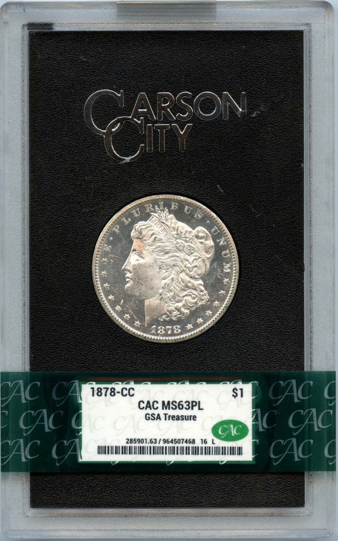 CACG MS63 PL 1878 Carson City Morgan Silver Dollar GSA Hoard: CACG MS63 PL 1878 Carson City Morgan Silver Dollar GSA Hoard This 1878-CC Morgan Dollar from the GSA Hoard is certified by CACG with a grade of MS63 Prooflike (PL) and carries a CAC sticker. Struck at