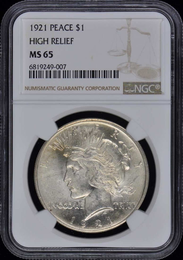 1921 High Relief Peace Dollar NGC MS65 Uncirculated: 1921 High Relief Peace Dollar NGC MS65 Uncirculated This 1921 Peace Dollar is certified by NGC with a grade of MS65, indicating it is in uncirculated condition. Struck in Philadelphia, this coin showc