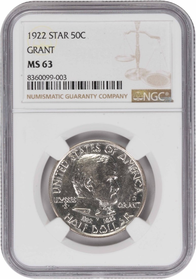 1922 Star Grant Commemorative Silver Half Dollar MS63 Certified by NGC: 1922 Star Grant Commemorative Silver Half Dollar MS63 Certified by NGC This 1922 Grant with Star Commemorative Half Dollar is composed of 90% silver and 10% copper and was minted in Philadelphia. Grad