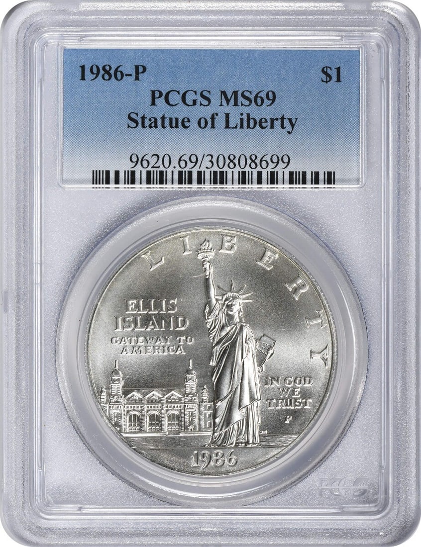 PCGS MS69 1986-P Silver Dollar Statue of Liberty Commemorative Coin: PCGS MS69 1986-P Silver Dollar Statue of Liberty Commemorative Coin This 1986-P Statue of Liberty Silver Commemorative Dollar is graded MS69 by PCGS. Struck at the Philadelphia Mint, this uncirculated