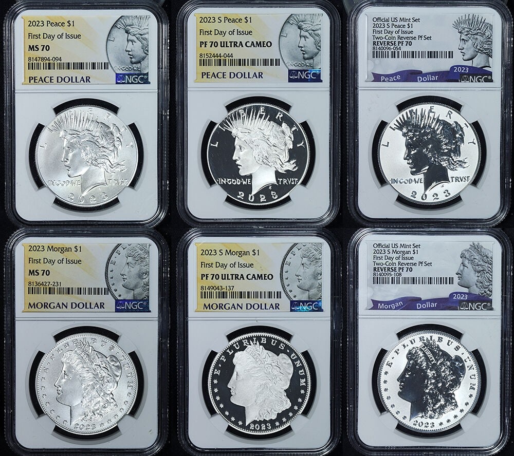 Six 2023 Morgan and Peace Silver Dollars NGC MS70 PF70 Rev PF70 First Day (1 of 13)
