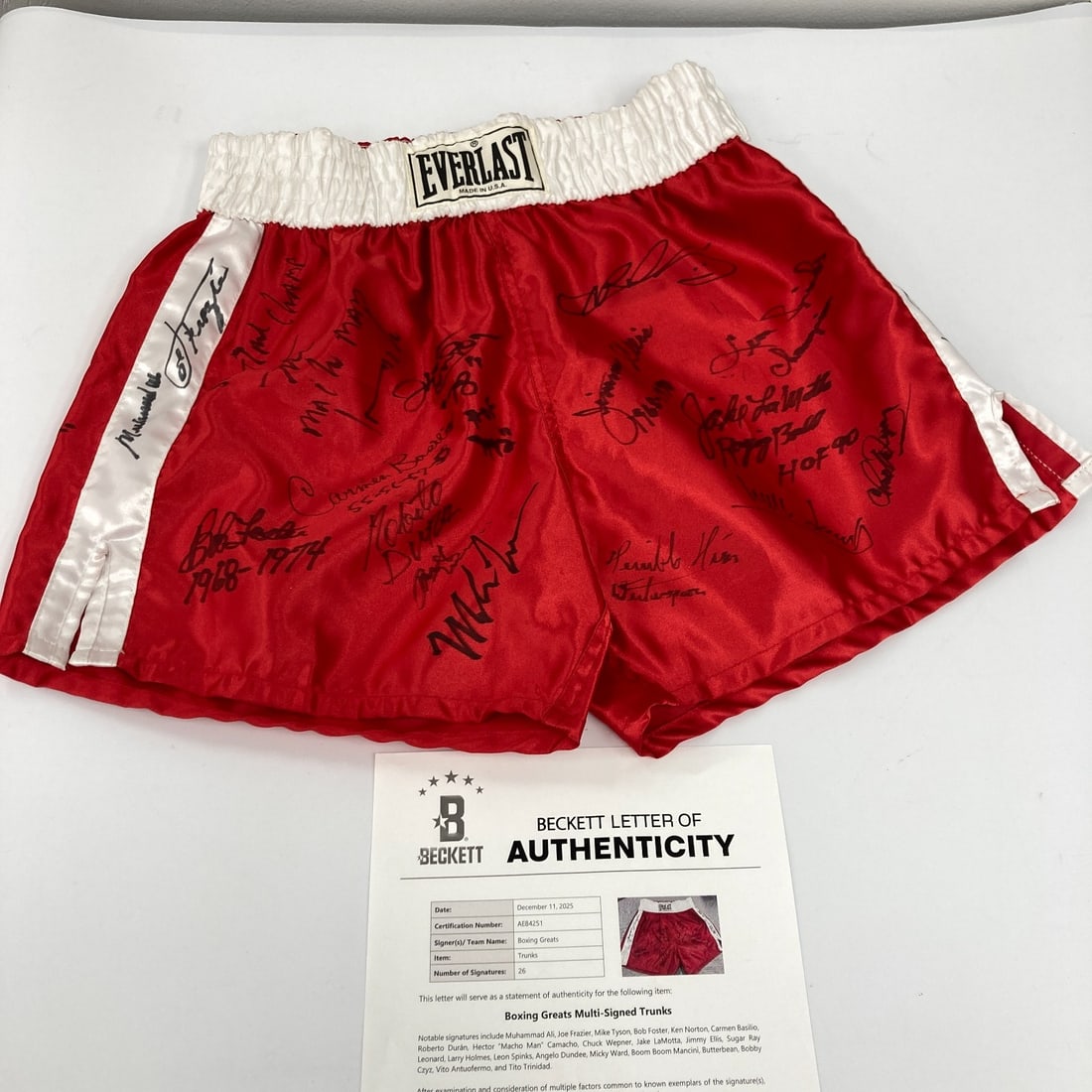 Muhammad Ali Multi Signed Everlast Boxing Trunks 26 Signatures Beckett COA: Muhammad Ali Multi Signed Everlast Boxing Trunks 26 Signatures Beckett COA Presenting a unique collectible, this pair of Everlast boxing trunks is signed by 26 legendary boxers, including Muhammad Ali
