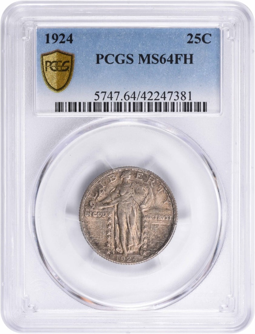 1924 Standing Liberty Silver Quarter MS64FH PCGS Uncirculated: 1924 Standing Liberty Silver Quarter MS64FH PCGS Uncirculated This 1924 Standing Liberty Silver Quarter, graded MS64FH by PCGS, is a remarkable example of American coinage. Featuring exquisite design