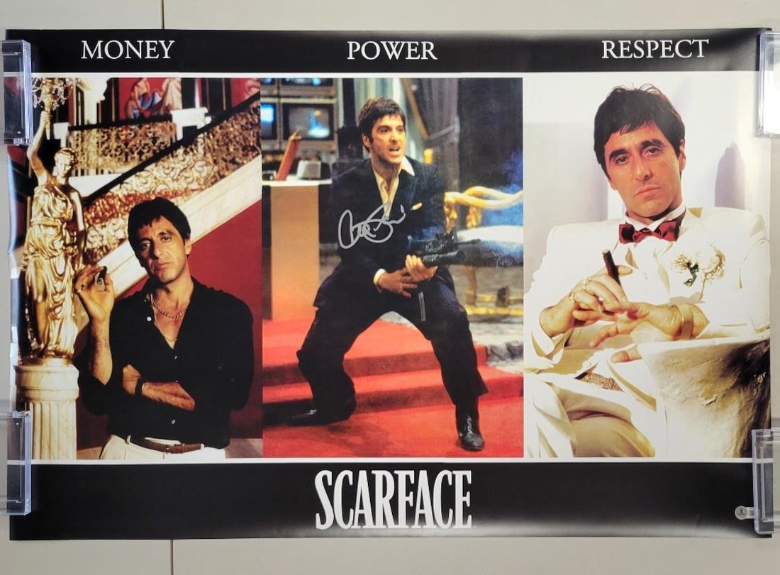 Scarface 24x36 Poster Hand Signed by Al Pacino Beckett Authenticated: Scarface 24x36 Poster Hand Signed by Al Pacino Beckett Authenticated This is a pre-owned original 24x36 inch poster from the movie Scarface, autographed by Al Pacino as Tony Montana. The signature has