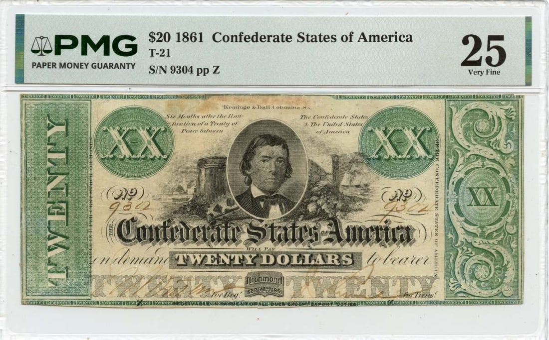 Confederate T-21 Twenty Dollar 1861 Note PMG VF25 Certified (1 of 2)