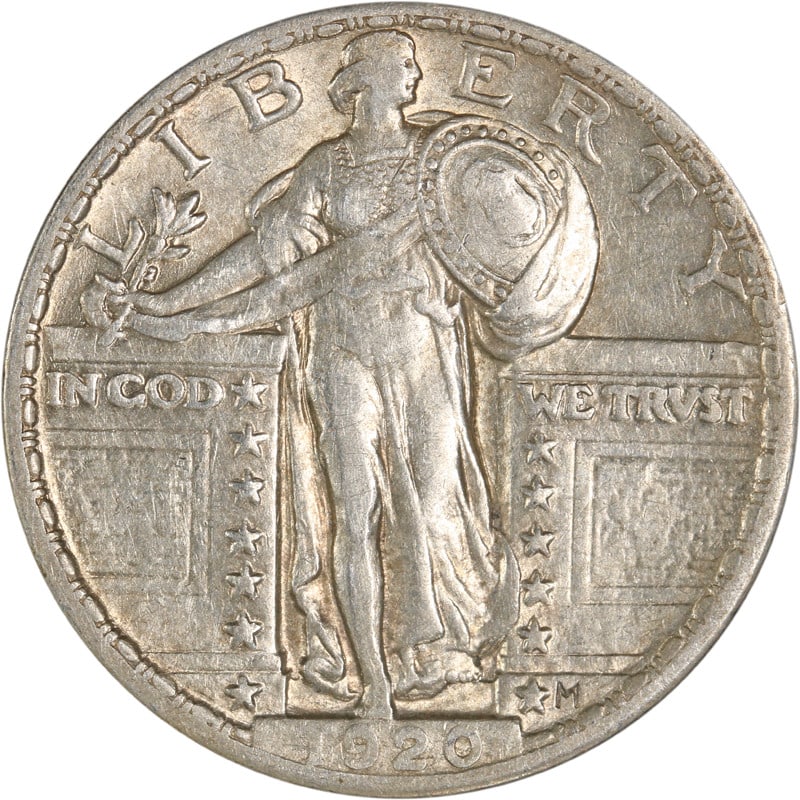 1920-P Silver Standing Liberty Quarter Circulated Coin: 1920-P Silver Standing Liberty Quarter Circulated Coin This 1920-P Standing Liberty Quarter is a noteworthy piece of American numismatic history. It features a classic design that showcases Lady Liber