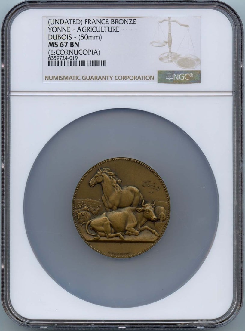 50mm Bronze Yonne Agricultural Medal from France NGC MS67BN: 50mm Bronze Yonne Agricultural Medal from France NGC MS67BN This France Yonne Agricultural Medal is crafted from bronze and features a 50mm diameter. Graded MS67BN by NGC, this pre-owned medal is a no