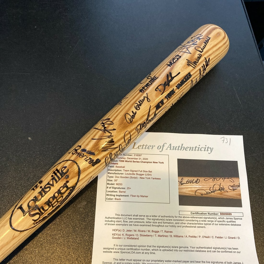 1996 Yankees Championship Bat Team Signed Jeter Rivera JSA COA: 1996 Yankees Championship Bat Team Signed Jeter Rivera JSA COA Celebrate the legendary 1996 New York Yankees World Series Championship with this team signed bat featuring over 25 signatures from iconi