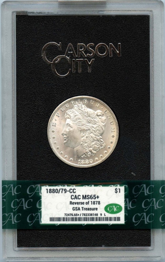 GSA Hoard 1880 Over 79 Carson City Morgan Silver Dollar MS65 Plus CACG CAC: GSA Hoard 1880 Over 79 Carson City Morgan Silver Dollar MS65 Plus CACG CAC This is an 1880/79-CC Morgan Dollar featuring the Reverse of 1878, graded MS65+ by CACG. It is part of the GSA Hoard and is c
