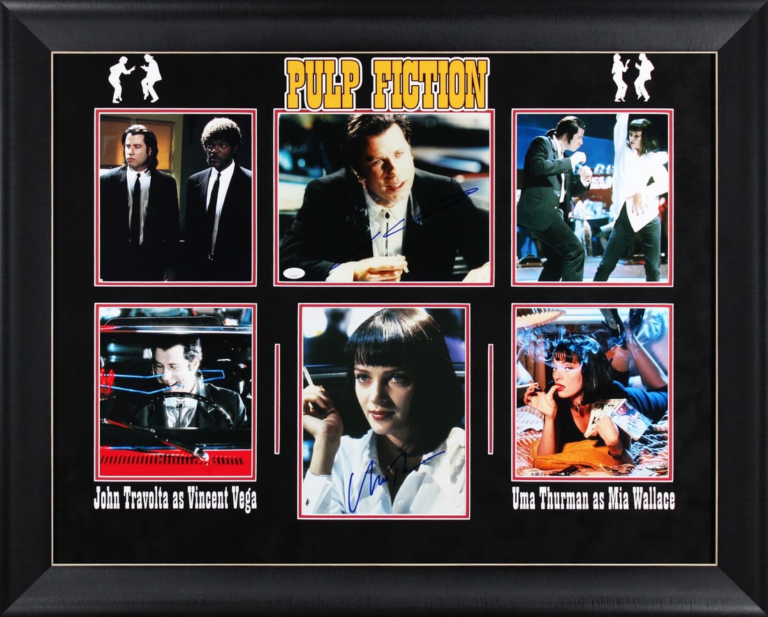 John Travolta Uma Thurman Pulp Fiction Signed 8x10 Framed Photo Beckett Authenticated: John Travolta Uma Thurman Pulp Fiction Signed 8x10 Framed Photo Beckett Authenticated This stunning 8x10 framed photograph features iconic actors John Travolta and Uma Thurman from the film Pulp Ficti