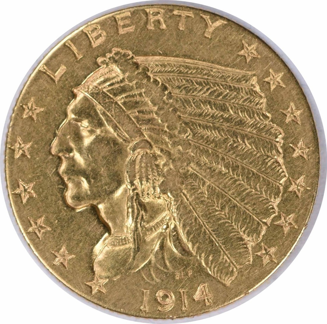 1914-D $2.50 Gold Indian Coin AU Bela Lyon Pratt Design: 1914-D $2.50 Gold Indian Coin AU Bela Lyon Pratt Design This 1914-D $2.50 Gold Indian coin is a remarkable piece of history, featuring the elegant design by Bela Lyon Pratt. It has been circulated and