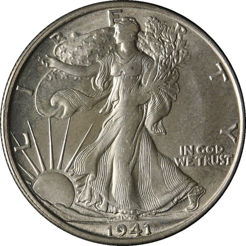 1941 San Francisco Silver Half Dollar Circulated Walking Liberty Coin: 1941 San Francisco Silver Half Dollar Circulated Walking Liberty Coin This is a 1941-S Walking Liberty Half Dollar from the San Francisco Mint. Composed of silver, this coin is circulated and pre-owne