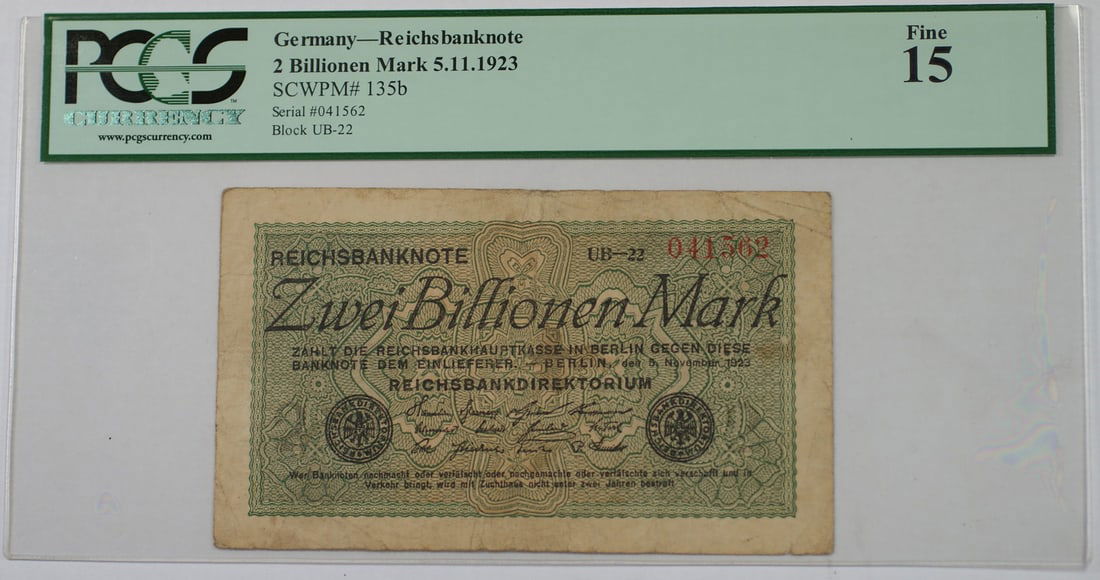 Germany 2 Billionen 1923 Banknote SCWPM 135b PCGS Fine F-15 Certified (1 of 2)